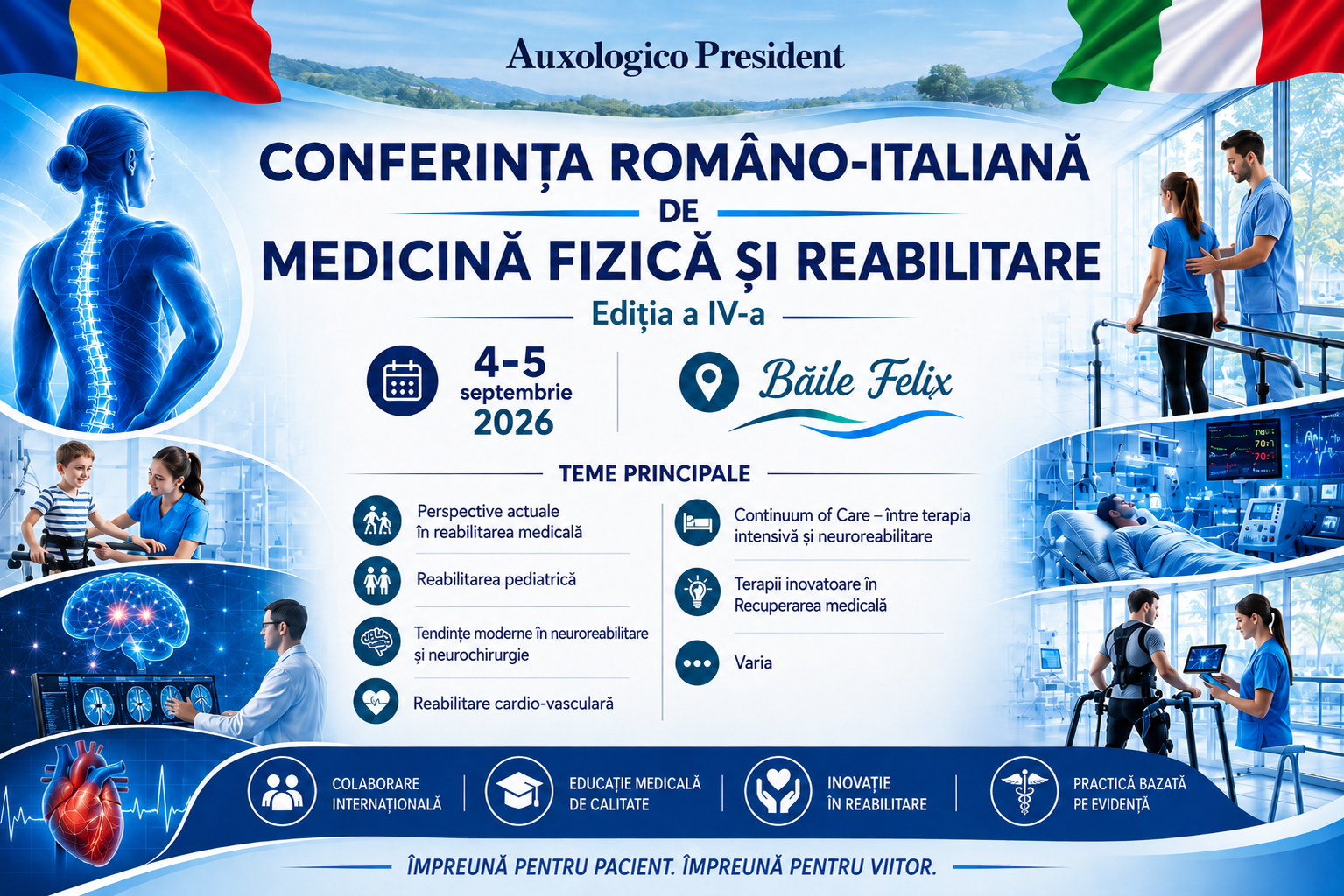 Poster publicitar pentru Conferința Română-Italiana de Medicină Fizică și Reabilitare, sept. 3-5, 2026, în Baile Felix, cu scene medicale și coloana vertebrală.